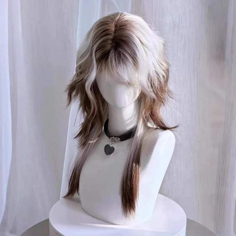 Wig with mullet cut, long length, wolfish youthful look, white-brown gradient, jellyfish curls, natural high-layered full headpi