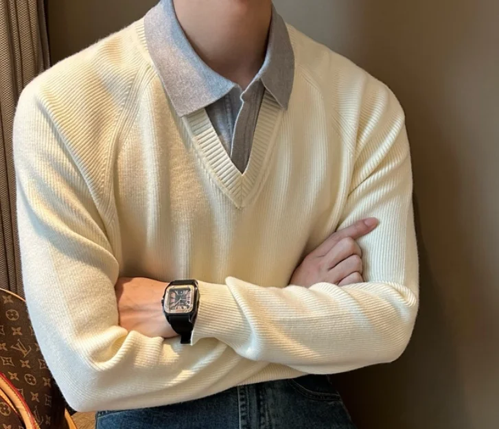 Casual fake two-piece V-lapel polo pullover solid color 100% pure cashmere knitted sweater