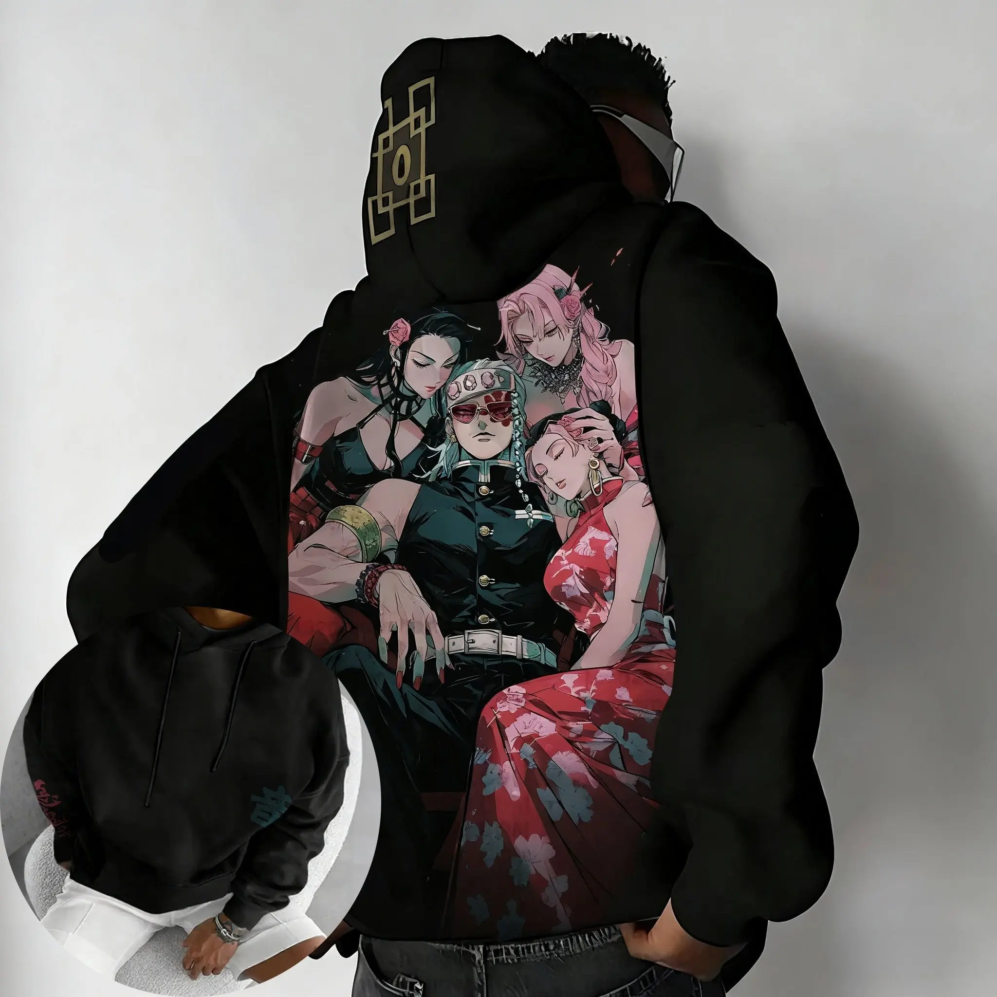 بانداي 2026 جديد شيطان القاتل الفحم لانج المياه التنفس أنيمي مطبوعة كبيرة الحجم الرجال معطف بقلنسوة في الهواء الطلق بلوزة فضفاضة غير رسمية #2