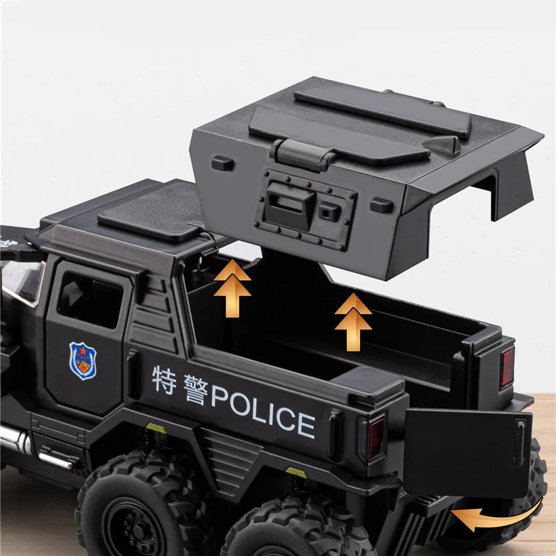Modelo de vehículo a prueba de explosiones de aleación de conquistador 1:32, vehículo blindado todoterreno de policía de Metal fundido a presión, modelo de coche con luz de sonido, regalo para niños