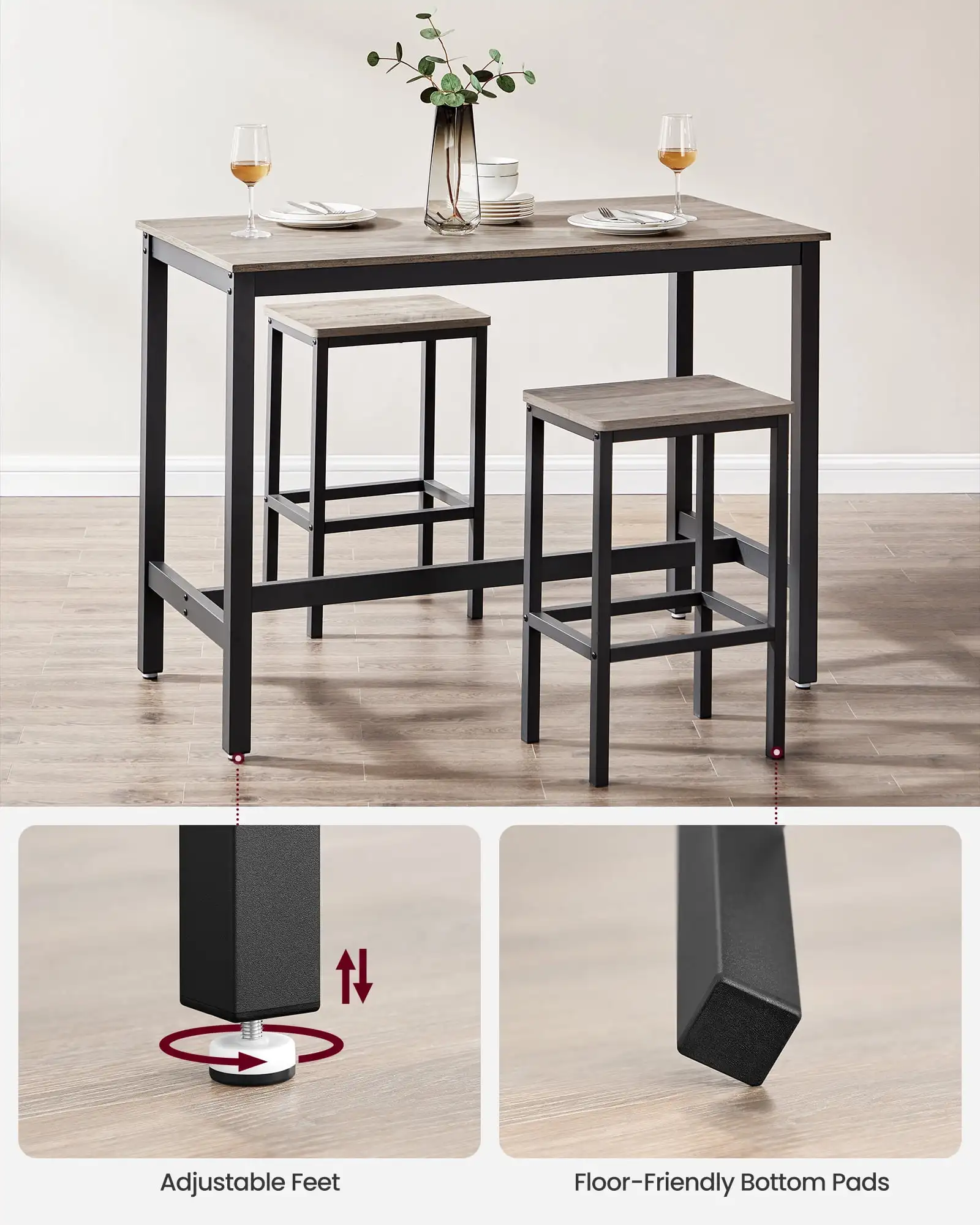 Industrial Bar Table Set Dining Table Kitchen Dining Table Set with 2 Stools Greige and Black