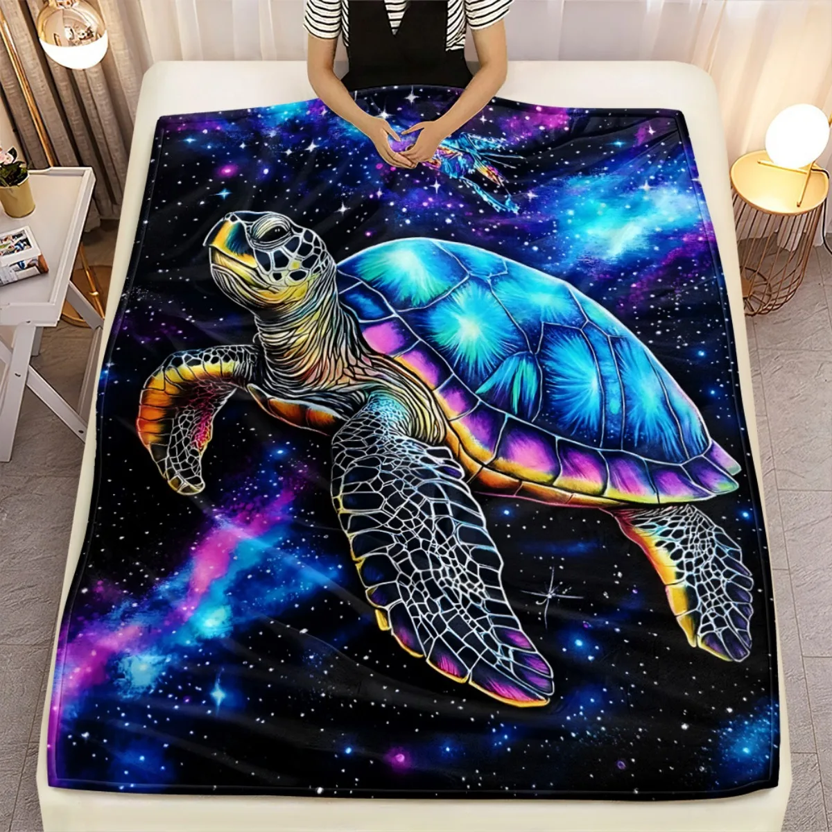 Galaxy Sea Turtle Flannel Blanket Cosmic Animal Print Soft Fleece Throw Bed Cover Unique Design for Kids Adults