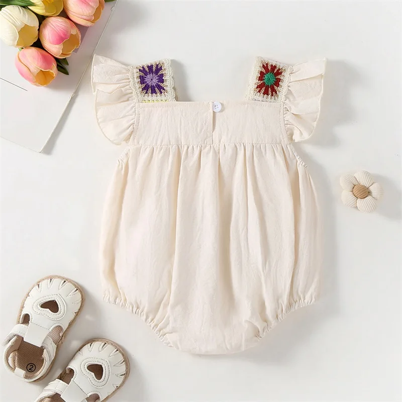 ZOETOPKID Infant Baby Girl Summer Romper Fly Sleeve Square Neck Crochet Flower Bodysuit Newborn Playsuit