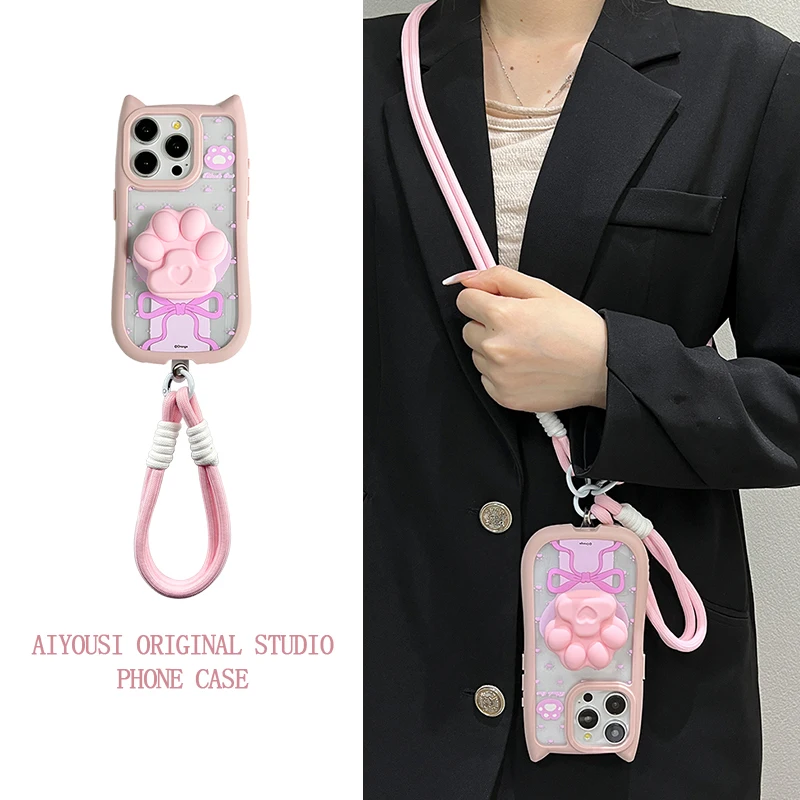 

Cute girl pink cat paw holder for apple 15promax phone case iphone14promax creative 13promax cartoon fun 12pm anti fall