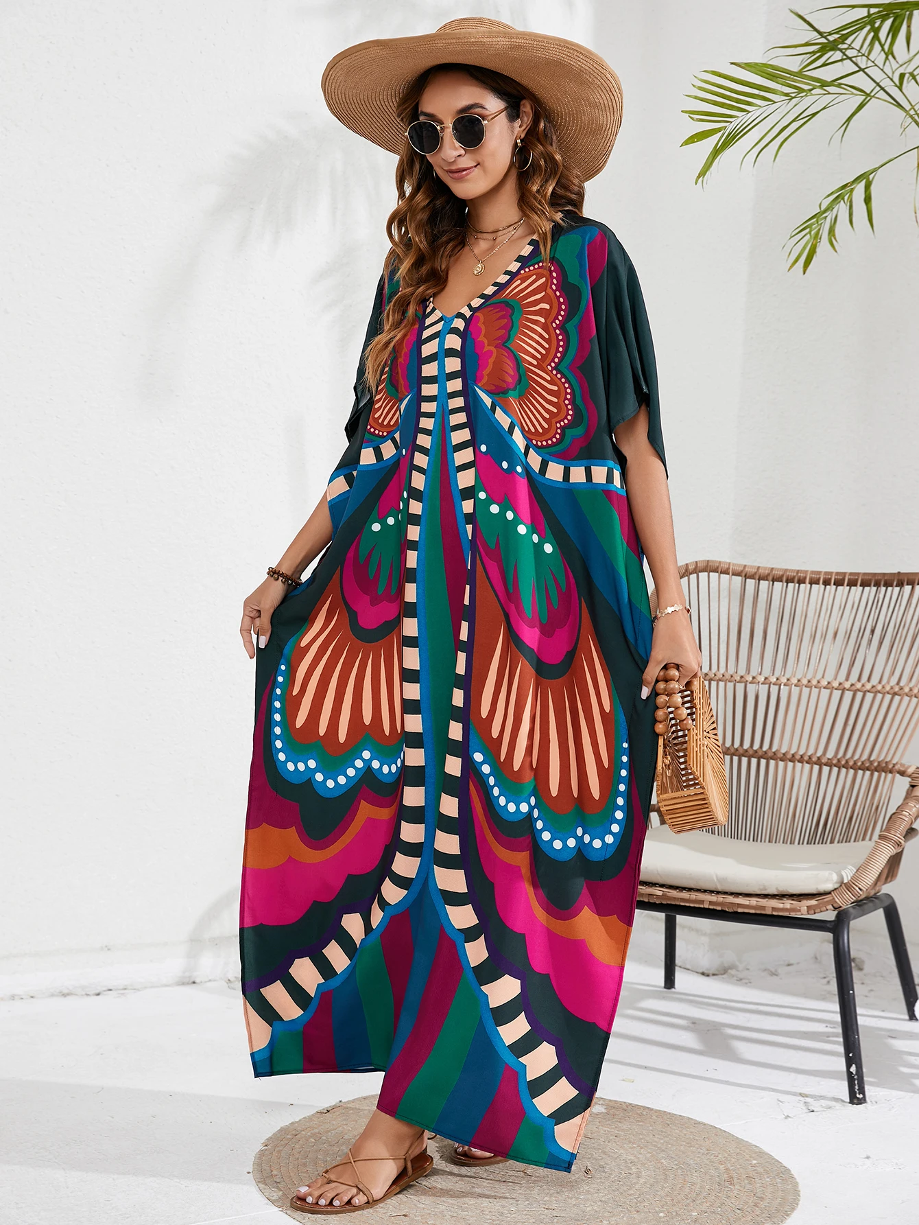 Tribal Symmetrical Butterfly Pattern Long Kaftan, V Neck Oversized Maxi Cover Up Dress, Bohemian Folk Art Robe for Women Tropica