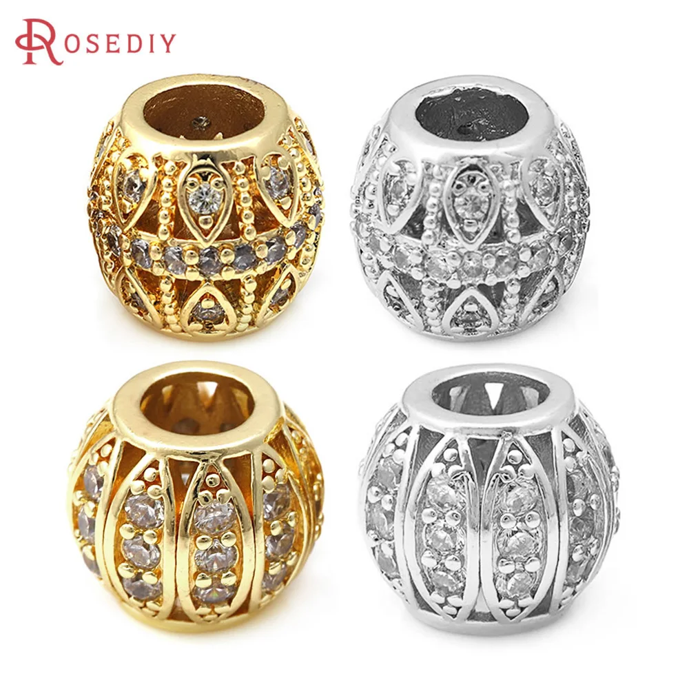 18K Gold Color Brass and Zircon Large Hole Barrel Shape Spacer Beads Bracelets Beads High Quality Diy Jewelry Accessories
