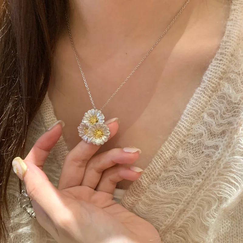 CAMEO Italy original imported s925 Pure Silver Three Daisy Ring Earrings Necklace Plated Real Gold Fashiona Vintage Set