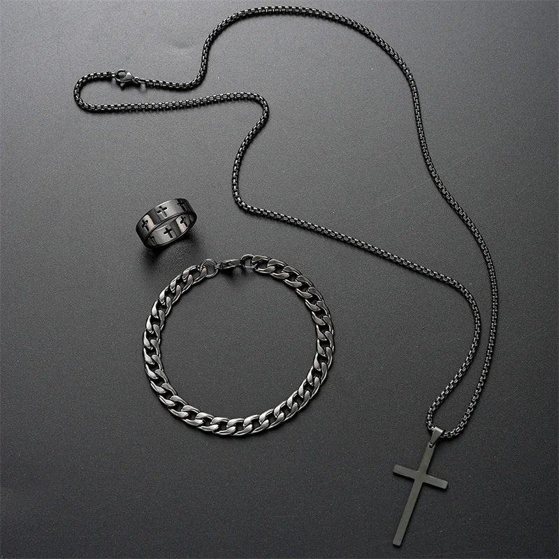 New Stainless Steel Cross Pendant Necklace for Men Women Minimalist Jewelry Set Male Female Necklaces Chokers Silver Color