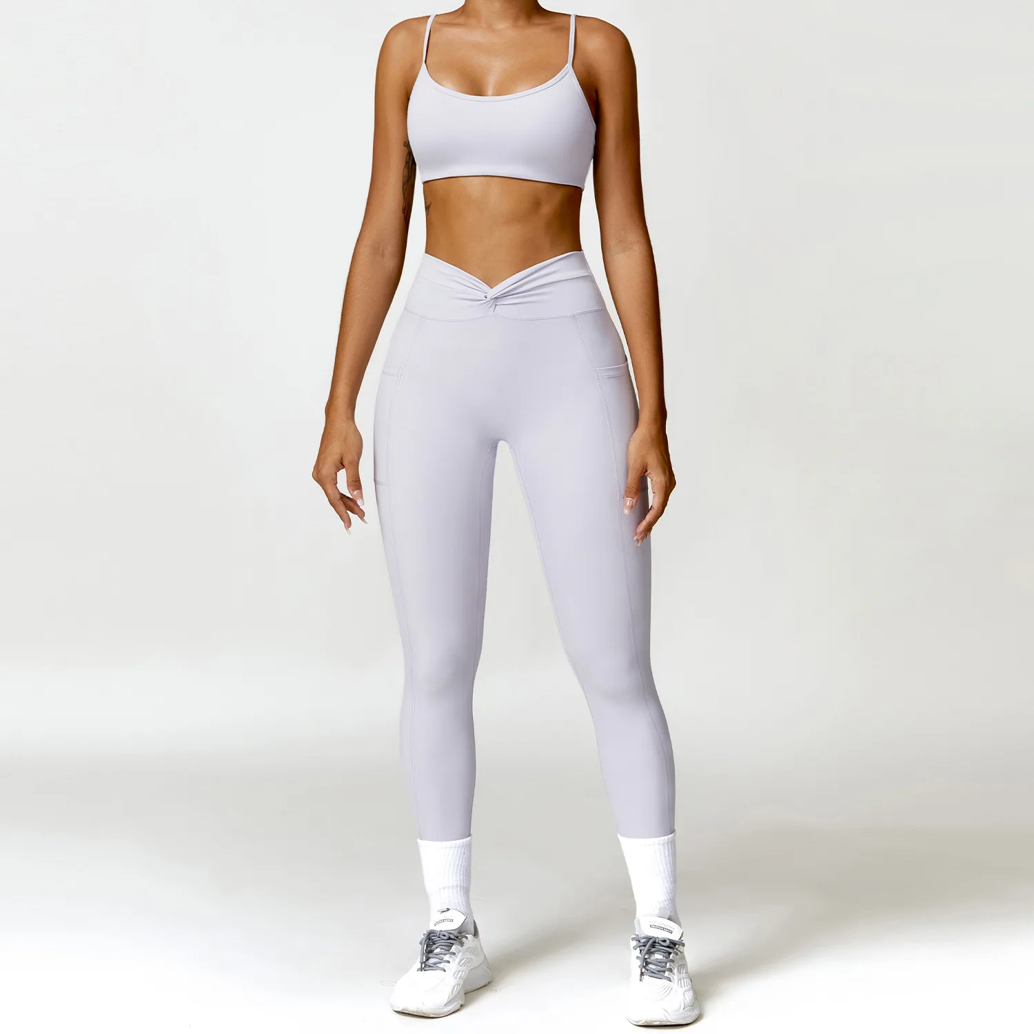 MODITIN Women Gym Set Gathered Pretty Sexy Bra Tops High Waist Tight Pants with Pockets Seamless Push Up Leggings Workout Wear