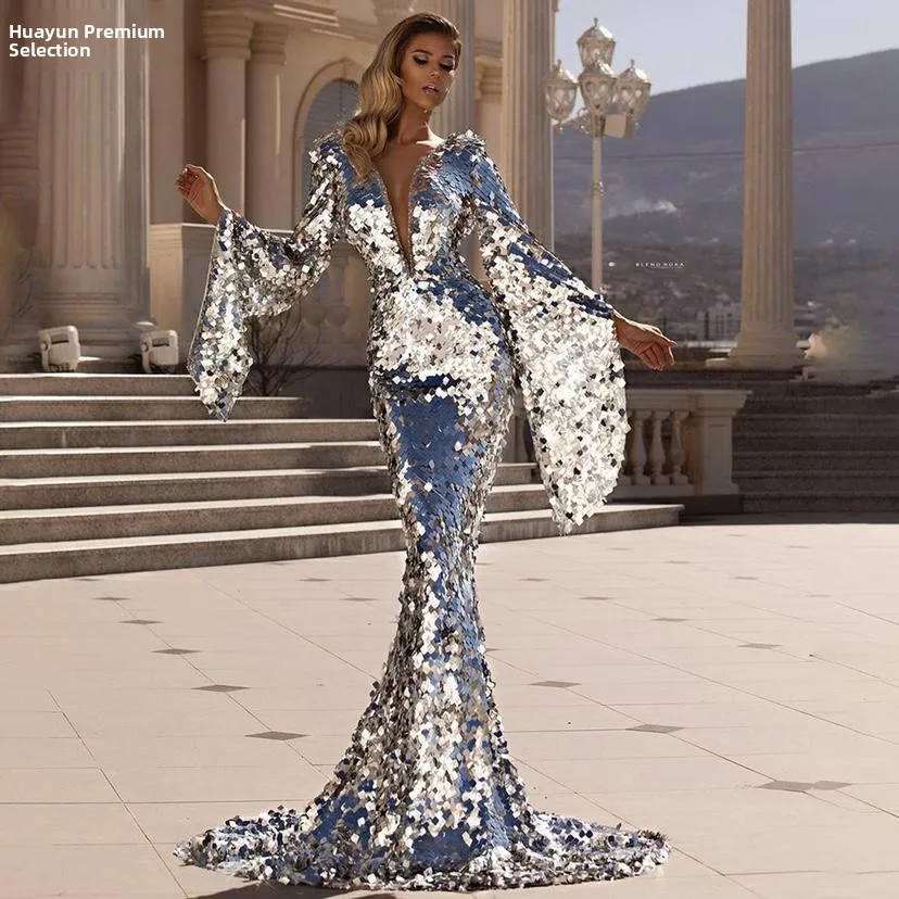 Vestido de Noche Largo con Lentejuelas Plateadas, Vestido de Fiesta de Verano 2023, Moda Femenina, Vestido de Fiesta, Fibra A...