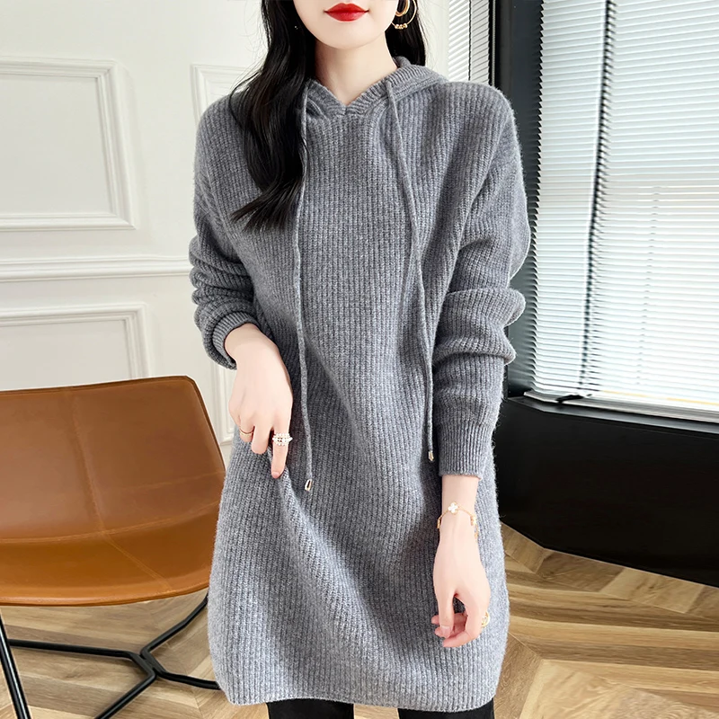 Autumn/winter long hoodie 100% wool cashmere sweater women loose Korean knitted pullover hoodie solid color wear tide big top