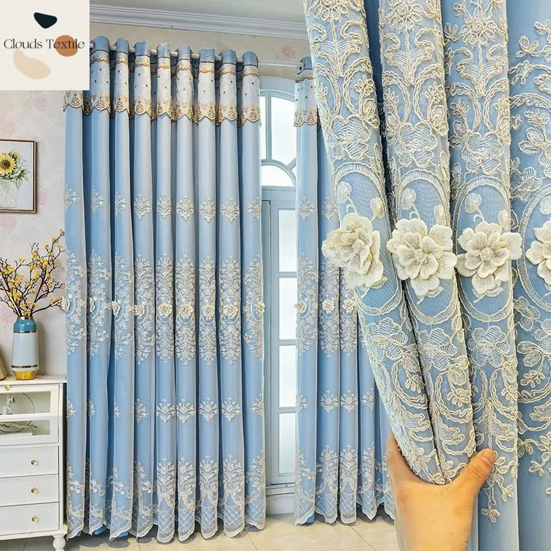 

Luxury Double Curtains for Living Room Bedroom Embossed Embroidery Yarn One Balcony Korean Style Simple Curtains Customize