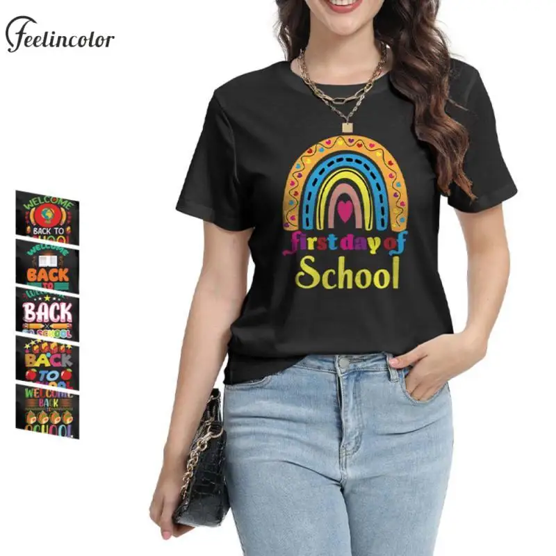 

First Day of School Women T-Shirt Rainbow Pencil Colorful Printed Tee Round Neck Short Sleeve Polyester Elastane Female Clothing