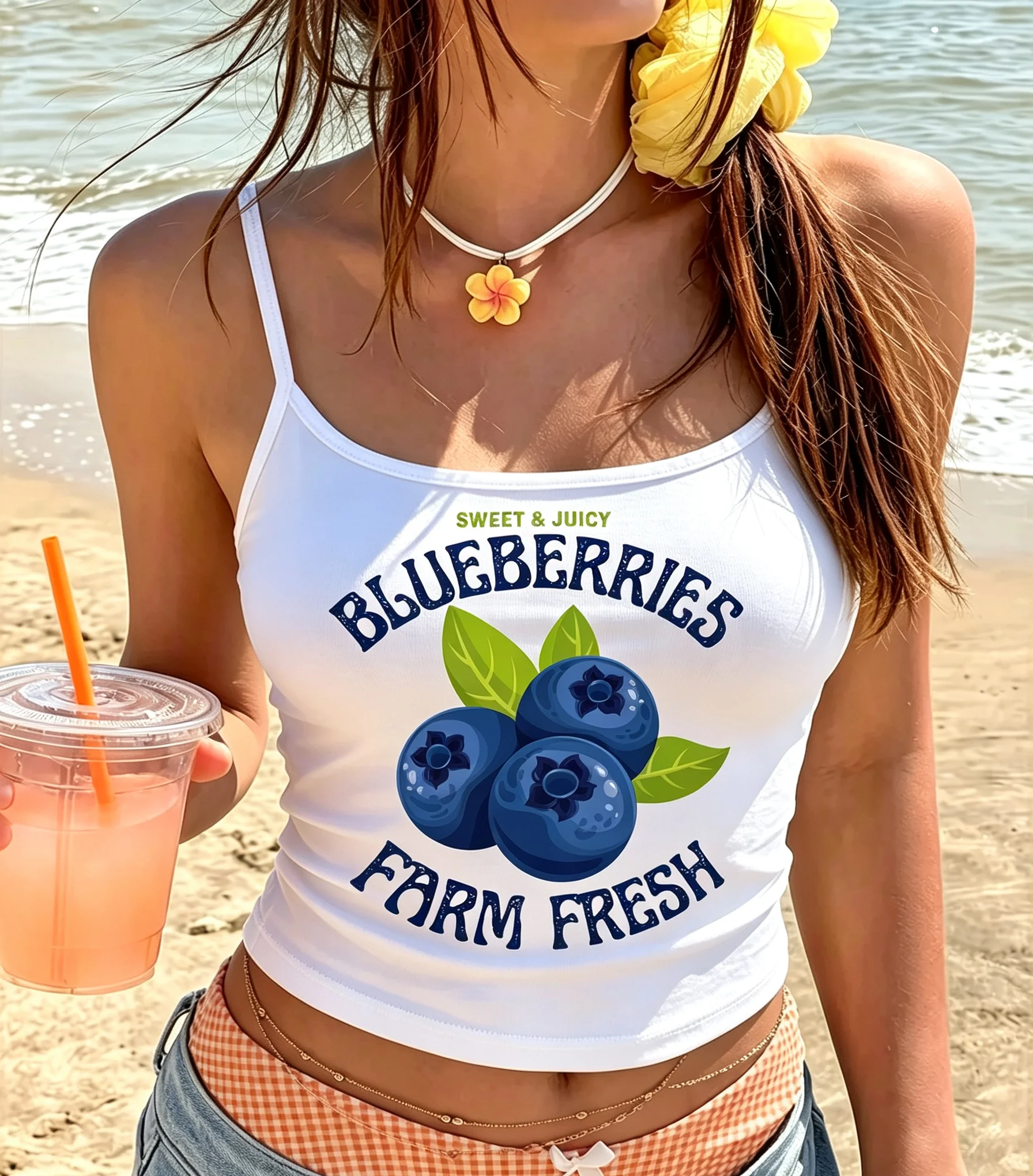 Blueberry Basket Design Tank Top Women Summer Vibe Camisole Sleeveless Vest Girly Core Top Picnic Date Beach Party Daily Wear