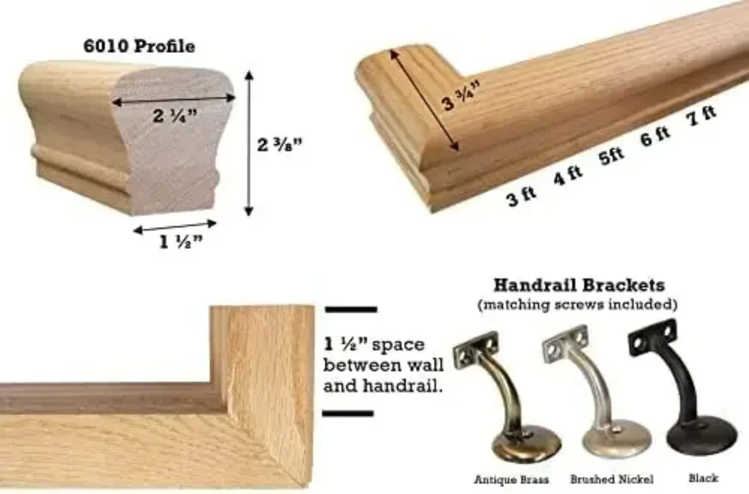 Solid Red Oak Handrail Kit with Wall Returns and Wall Mount Brackets (Matching Screws Included). 6010 Profile Unfinished.