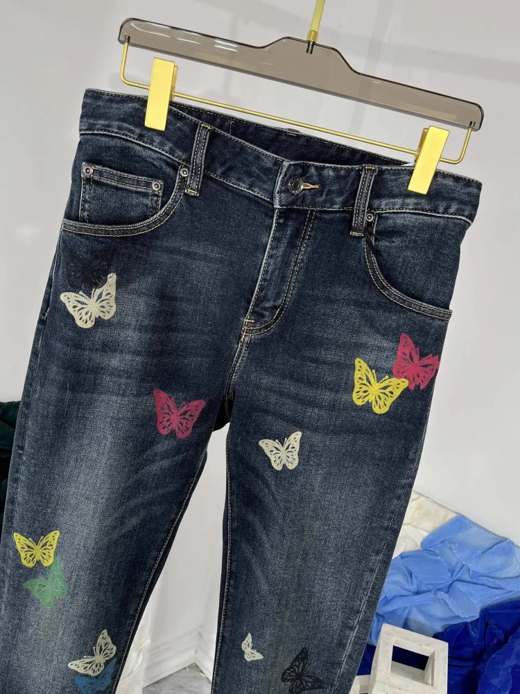 High Street Mens New Colorful Butterfly Printed Denim Pencil Pants Slim Fit Party Jeans High Quality Spring Cowboy Long Trousers