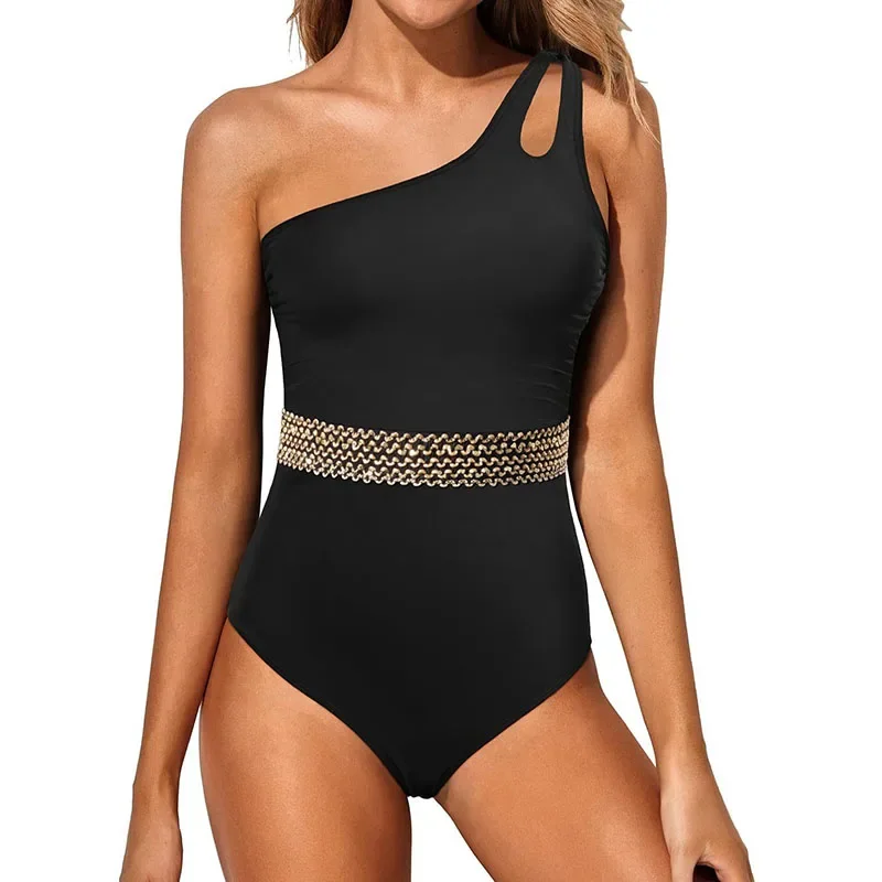 Traje de baño de una pieza con estampado asimétrico de un solo hombro, traje de baño de Bikini de cintura alta para mujer