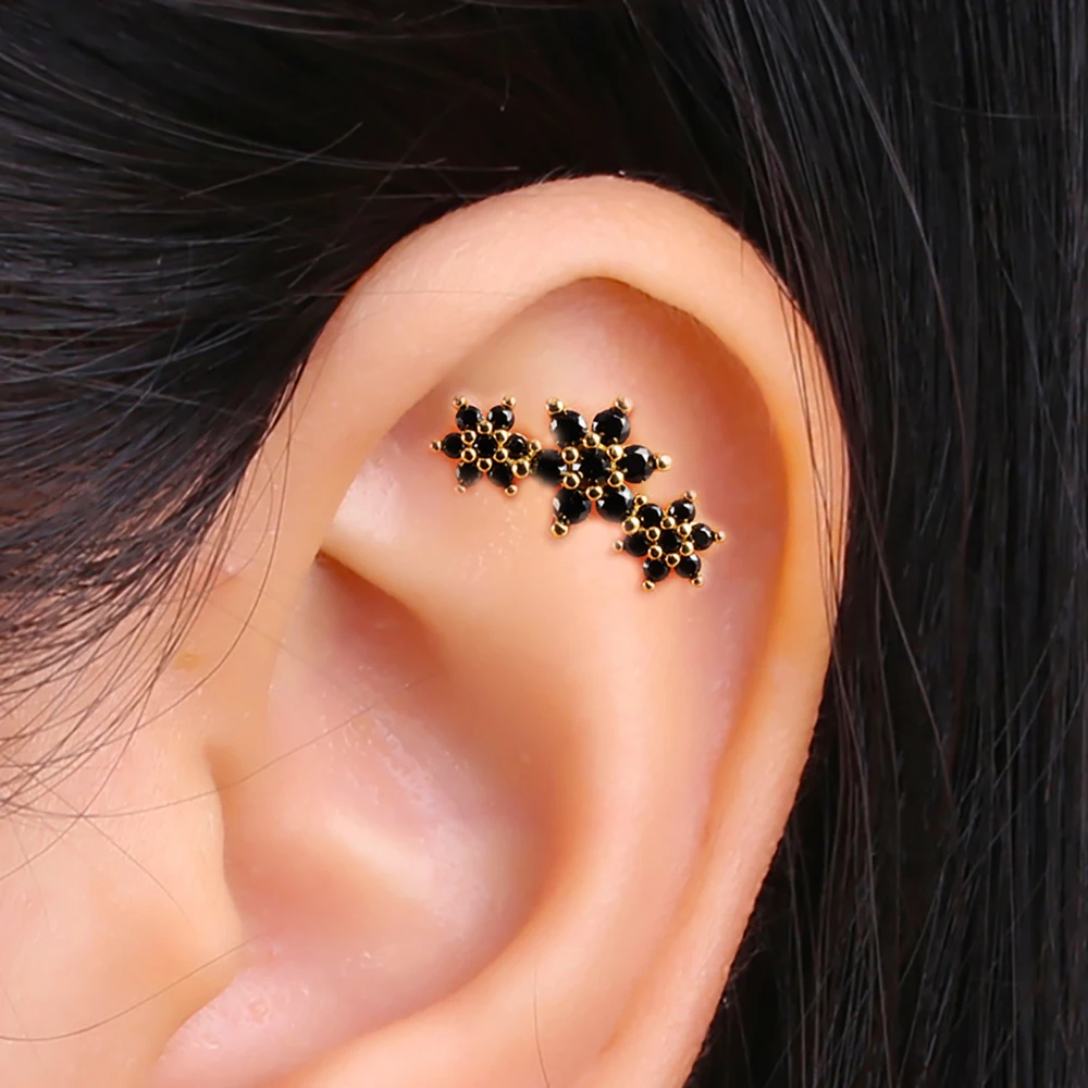 2 szt. Nowe kolczyki ze stali nierdzewnej Mini z cyrkonią kwiatową do ucha dla kobiet Helix Tragus chrząstki kolczyk do piercingu modna biżuteria