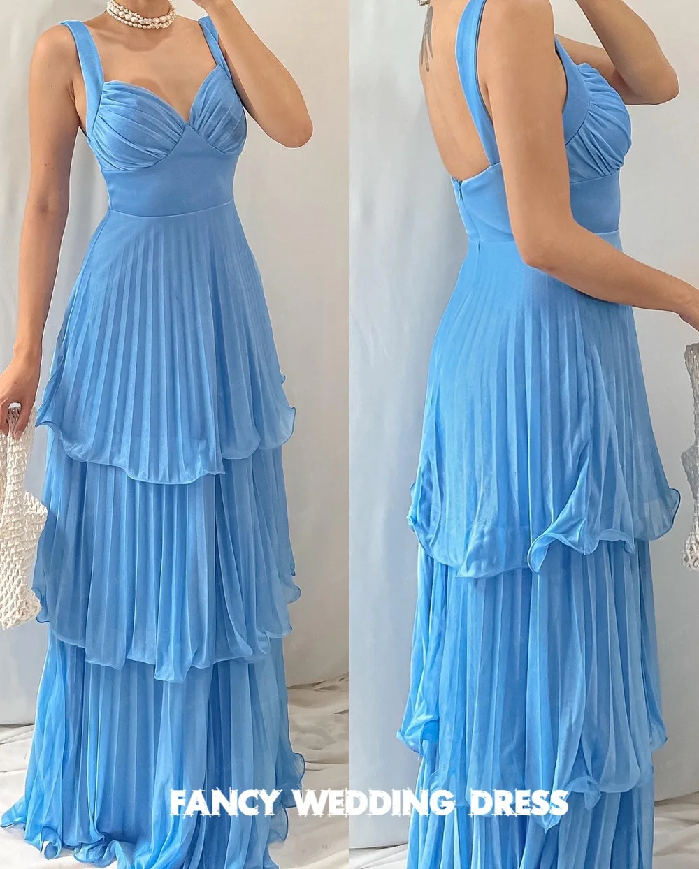 

Fancy Elegant Sky Blue Women Formal Evening Dresses Outdoor Chiffon Ruffle Long Prom Gowns New Met Gala Night Wedding Party Wear