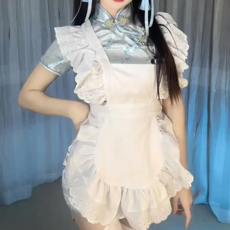 Maid Costume Apron Ruffled Waist Apron for Women Halloween Cosplay Adjustable Kitchen Cooking Apron for Cooking Baking