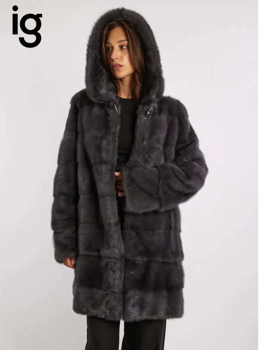 IG Women Dark Grey Hooded Horizontal Paneled Mid-Length Faux Fur Coat, Side Pockets, Winter Warm Elegant Commute Outerwear