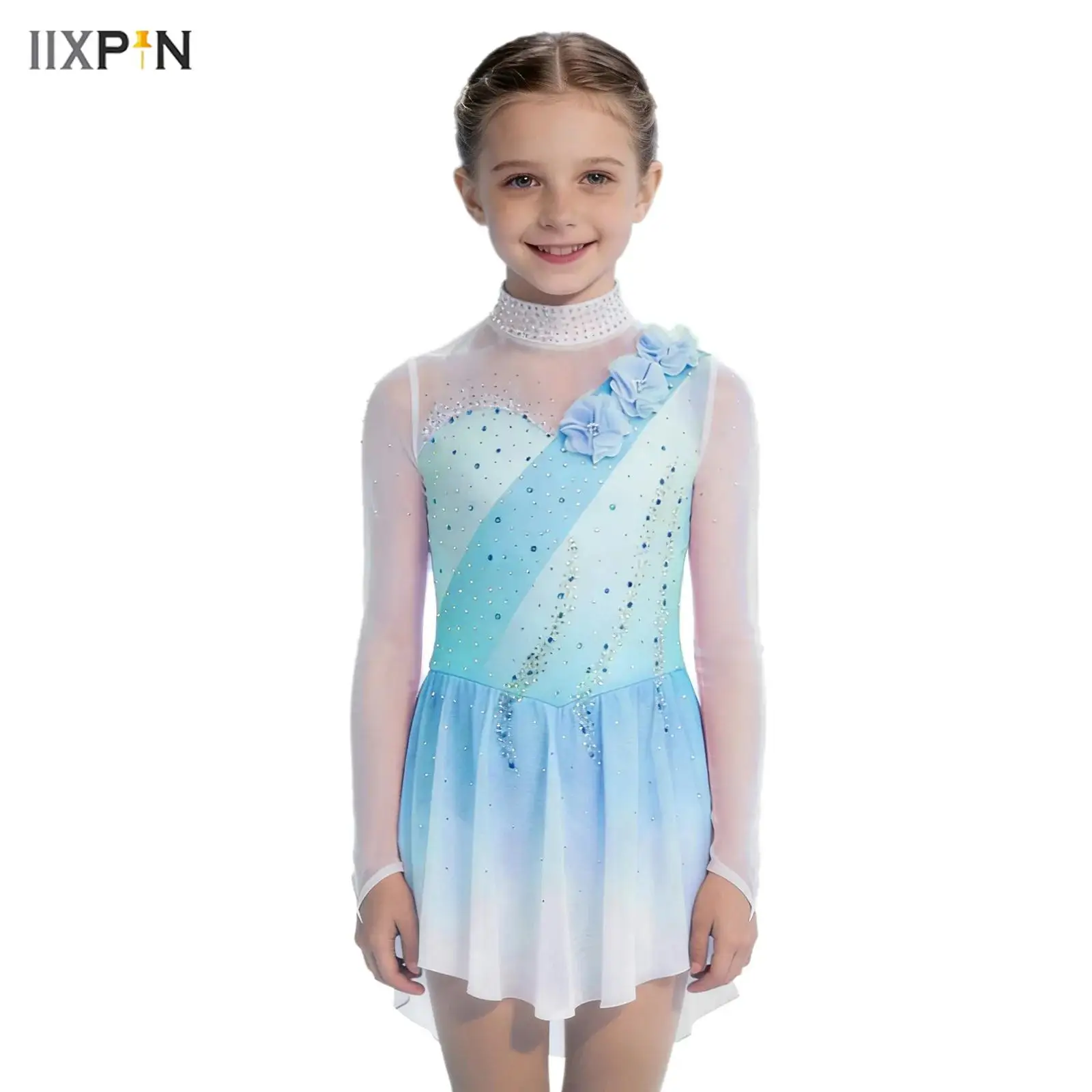 

Kids Girls Figure Skating Dress Lyrical Dance Dress Sheer Mesh Patchwork Long Sleeves Flowers Rhinestones Gradient Color Dresses