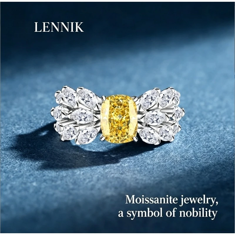 

LENNIK S925 Silver Ring Women's Radiant Cut Yellow and Blue Pink Diamond Ring Two Carat High Carbon Diamond Wedding Ring
