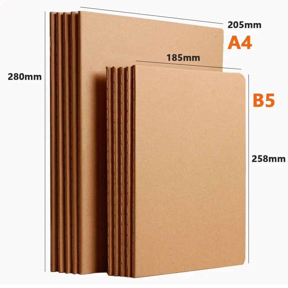 A4/B5 Kraft Cover Notebook Vintage Diary Book Grid/Lined Notepad Students Writing Book Portable Blank Sketchbook For School