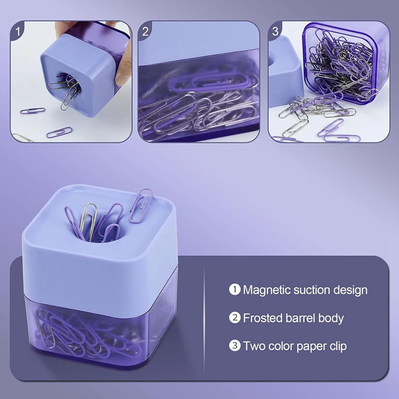 New Two-Color Paper Clips In Elegant Magnetic Frosted Square Clip Holder, 28Mm, 130 Clips Per Box Durable Easy Install (Purple)