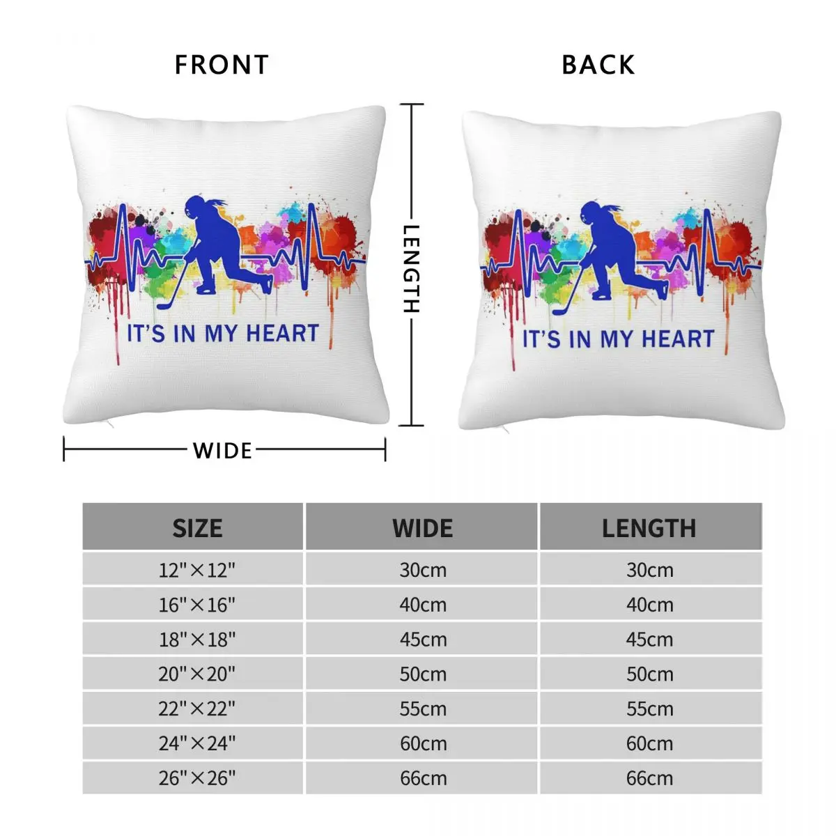 Watercolor Heartbeat Ice Hockey Square Pillowcase Pillow Cover Cushion Zip Decorative Comfort Throw Pillow for Home Car