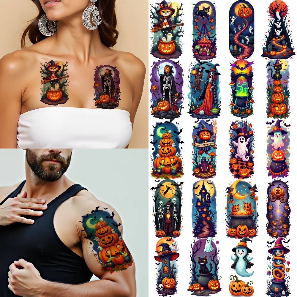 12pcs Temporary Tattoo Skeletons Halloween Spooky Ghosts Halloween Pumpkins Temporary Tattoo Stickers Tombstones For Children