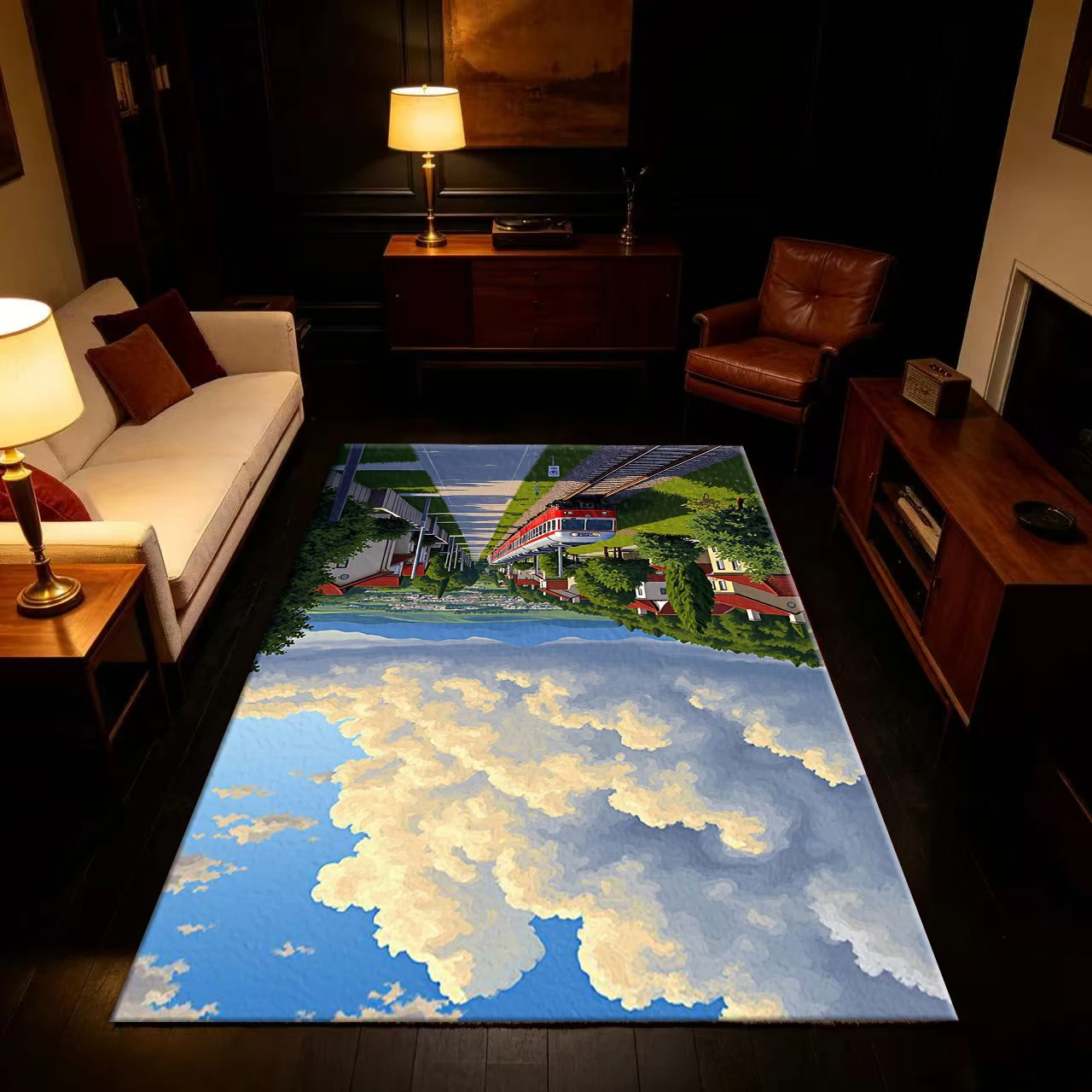 Anime-Style Red and White Train Rural Town Sunshine Clouds Sky Scenery Carpet Floor Non-Slip Mat