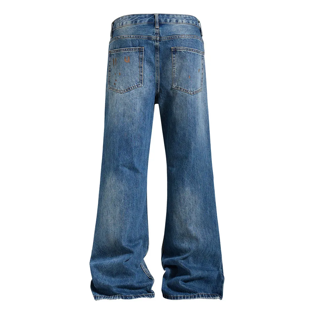 MWJLPWQ Frayed Edges Washed Distressed Denim Flared Pants Men's Vibe Hand-Painted Graffiti Splatter Paint Loose Trousers 20749