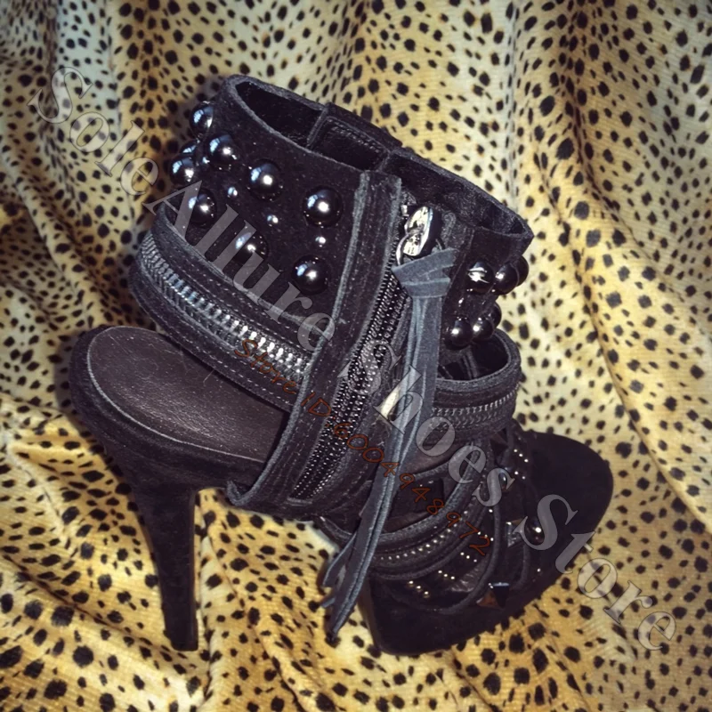 Punk Style Suede Multi Strap Stud Pearl Platform Stiletto Ankle Sandals Open Toe Back Zip Punk Rock Fashion Women Shoes