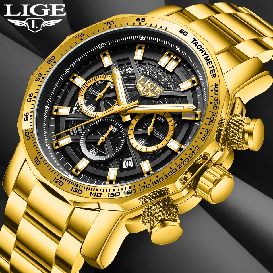 

LIGE новые роскошные золотые кварцевые часы для мужчин, полностью стальные мужские часы с большим циферблатом, военные спортивные водонепроницаемые часы с хронографом, мужской подарок