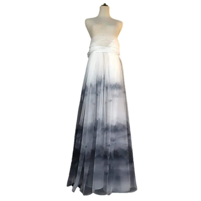 Chinese Style Gradient Mesh Tulle Fabric Printed By The Meter for Hanfu Skirt Veil Sewing Ink Wash Painting Cloth Black White