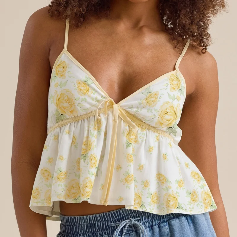 Women's Summer Slim Camisole Floral Print Spaghetti Strap V-Neck Ruffled Hem Tank Tops Sleeveless Cami Tops Streetwear