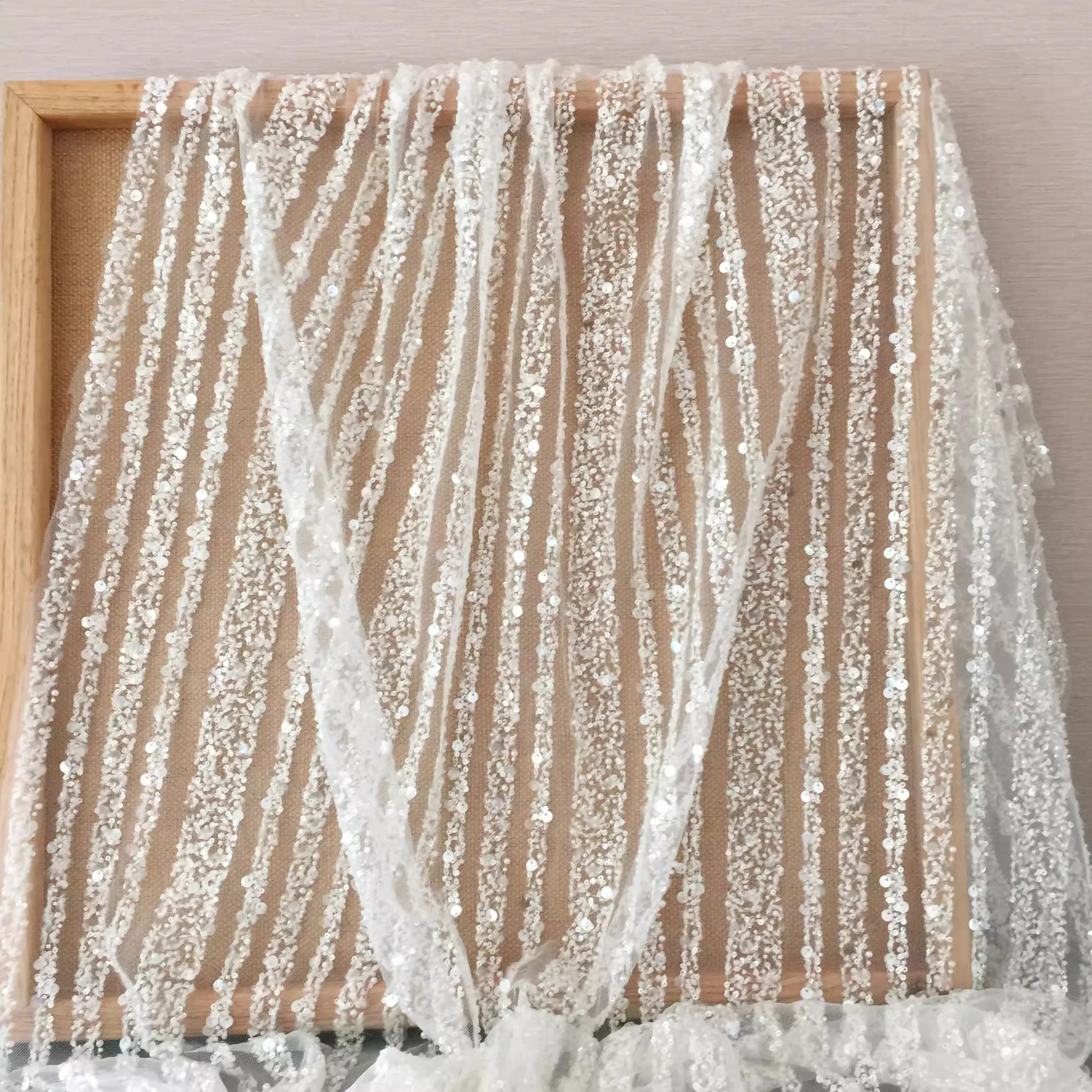 new vertical strip 3D nail bead sequins rice bead lace fabric high custom wedding dress vertical stripe fabric