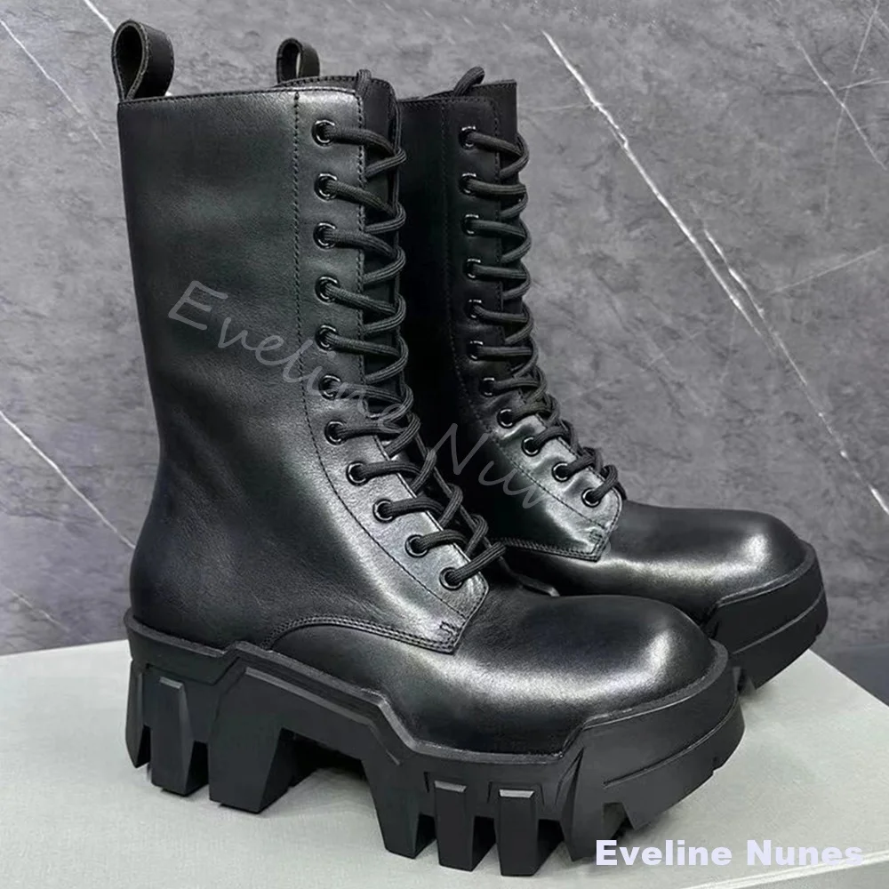 Unisex Black Leather Combat Boots Round Toe Full Lace Up Pull Tab Heavy Chunky Gear Shape Lug Sole Gothic Street Mid Calf Boots