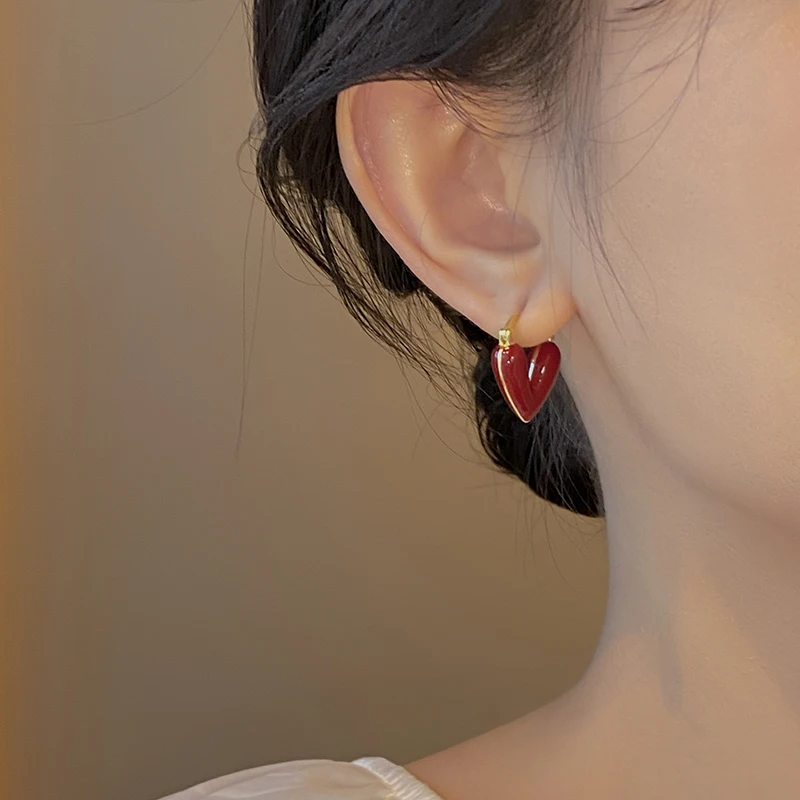 Pendientes románticos franceses con forma de corazón para mujer, aretes de esmalte rojo vino, joyería de moda, accesorios de gota de oreja de