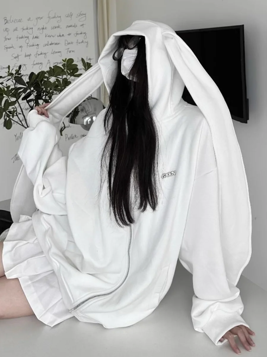 

Y2K Oversized Hoodies Women Cute Long Ear Rabbit Hooded Sweatshirt Female Korean Fashion Kawaii Preppy Style Casual Zipper Coat