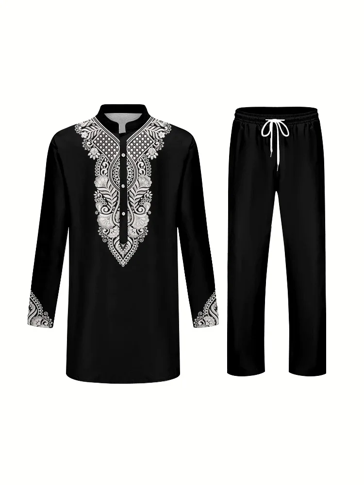 Islamic Traditional Dress Men's Suit Long-sleeved Shirt With Collar And Pants Gorgeous And Elegant 3D Printed Two-piece Suit