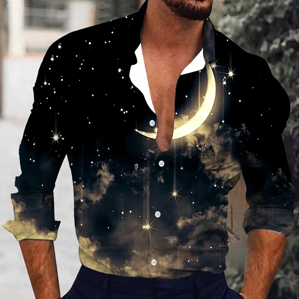 

Men's Long Sleeved Shirt Black Retro Shirt Star Moon Printed Button Up Shirt Men's Fashion Elegant Top Daily Men's Shirt