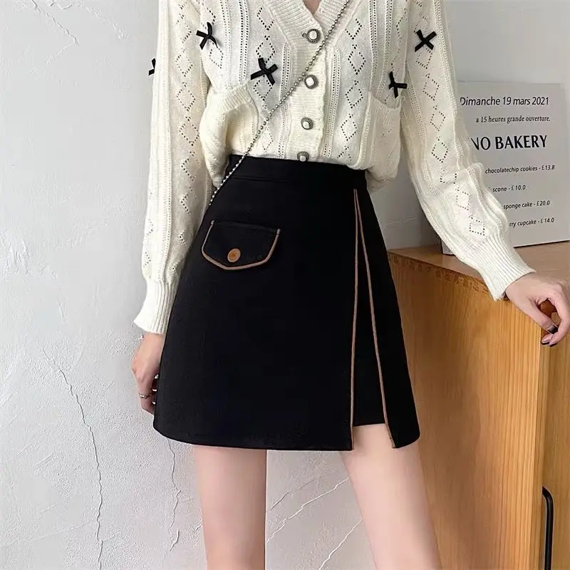 

Женская одежда, зимняя корейская мода, контрастные цвета, нерегулярные юбки с разрезом, женская элегантная шикарная тонкая мини-юбка с высокой талией Faldas