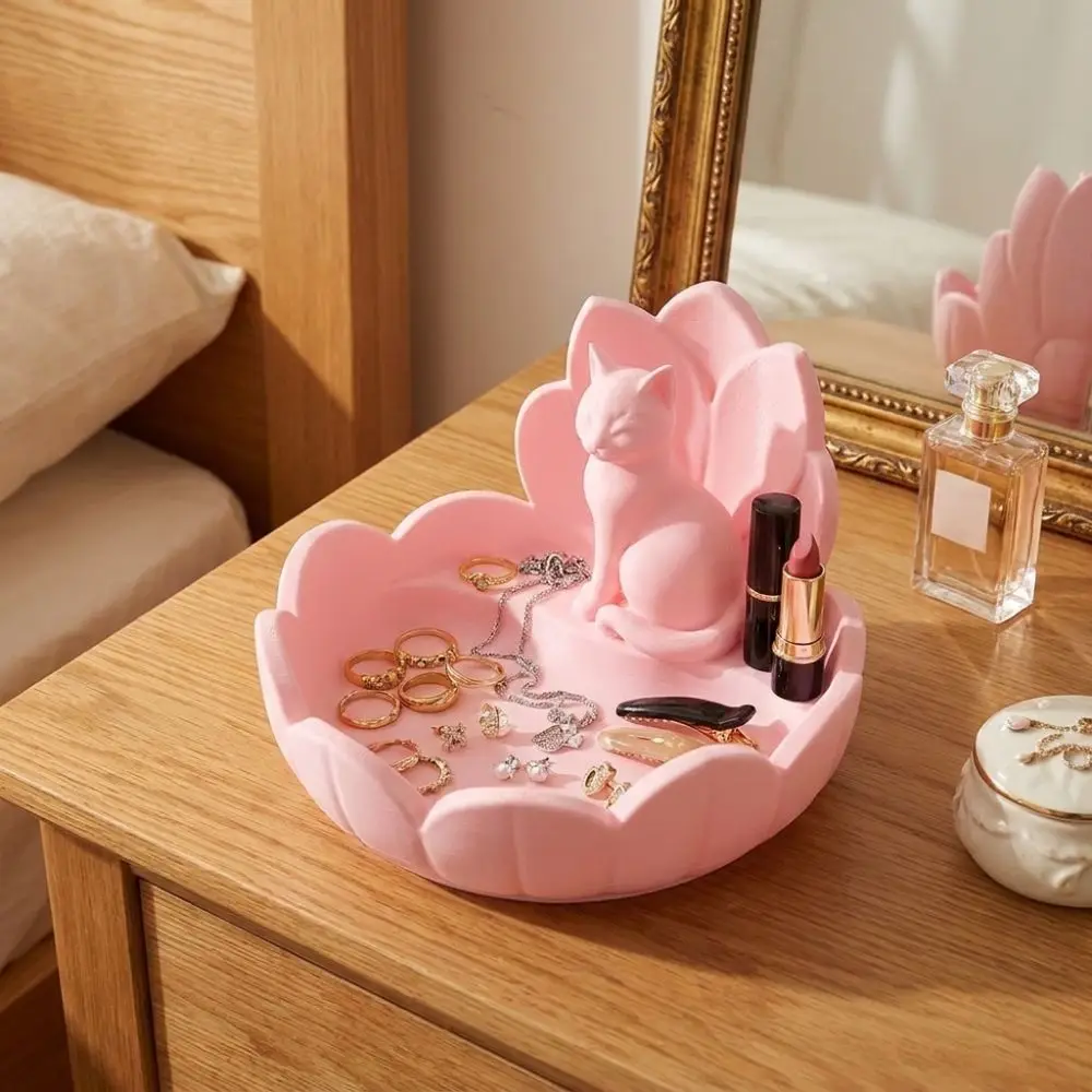 Cute Lotus Cat Jewelry Storage Tray Lotus-Shaped Stable Base Key Storage Bowl Plastic 3D Printed Desktop Organizer Gifts Giving