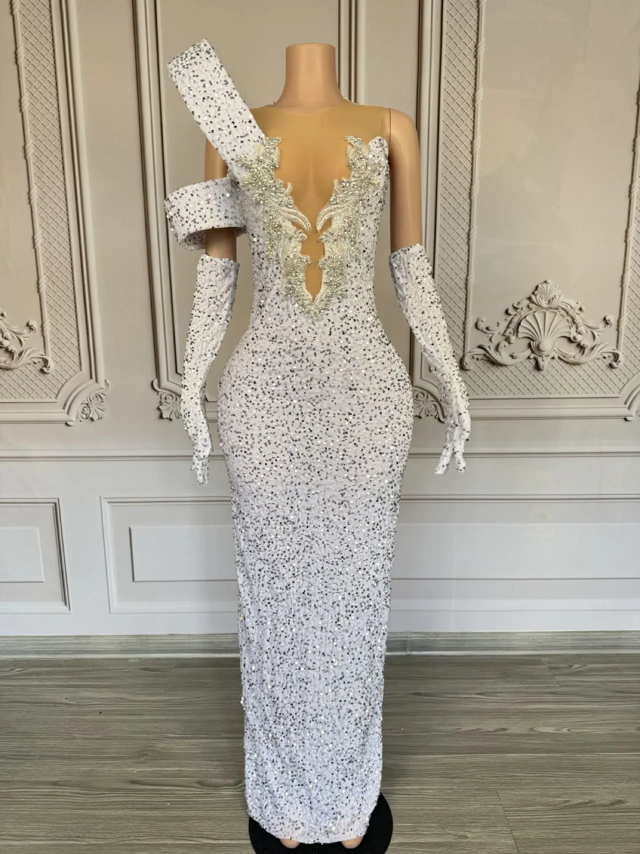 Sparkly Rhinestone Deep V Neck Long Dress Club Festival Celebrate Party Tight Fitting White Evening Gown Fashion Couture Suidao