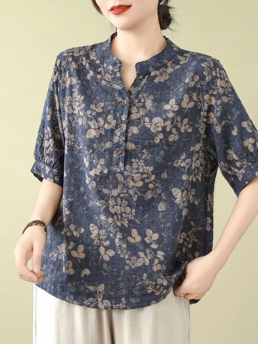 

Retro Cotton Linen Floral Print Shirt Women's Loose Fashionable Summer New Style Artistic Quality Mom Top Button up Casual Shirt