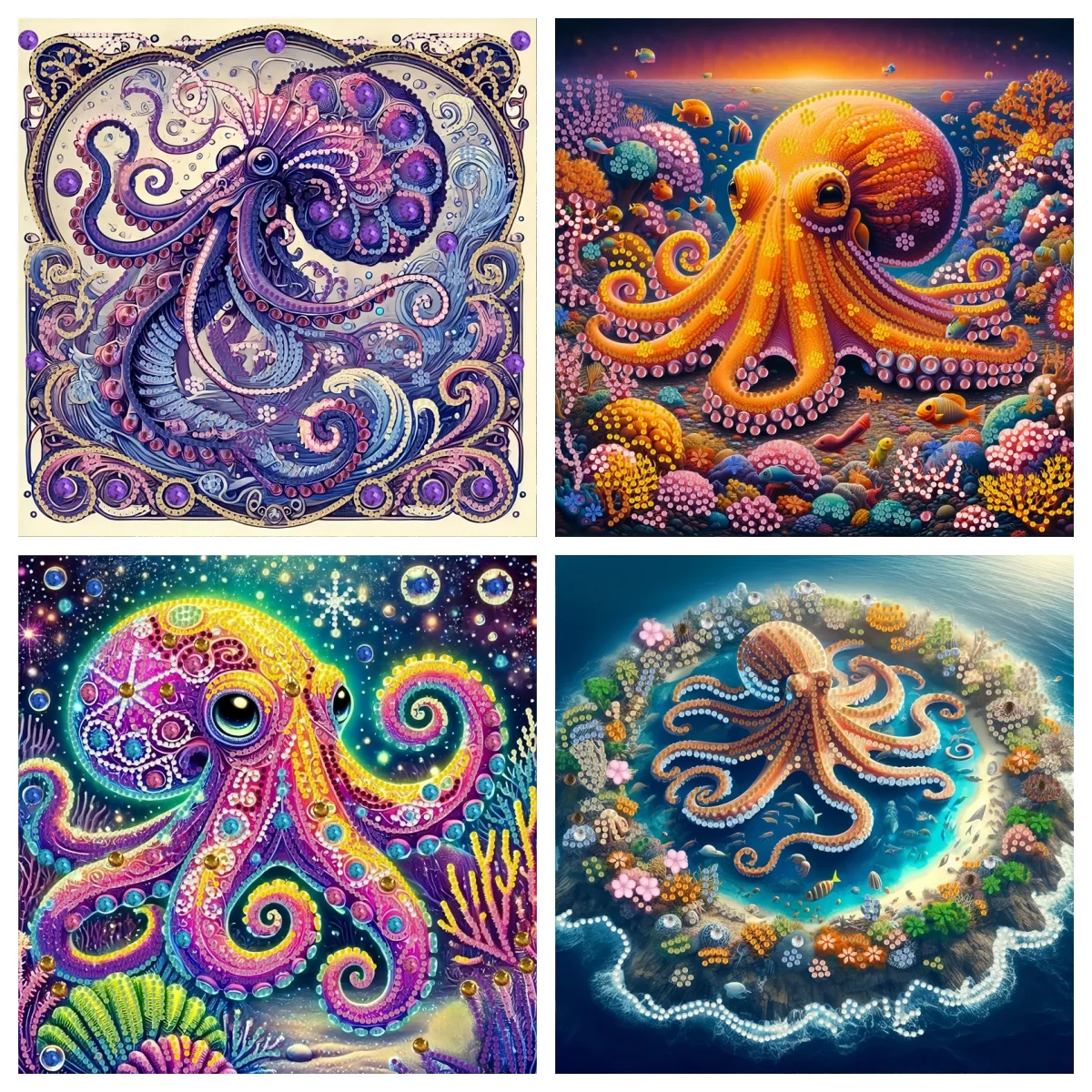 1 Oktopus-Diamant-bemaltes DIY 5D-Diamant-bemaltes Set mit speziellem rundem Kristall – rahmenlose Wanddekoration für Mosaikkunst und Zuhause