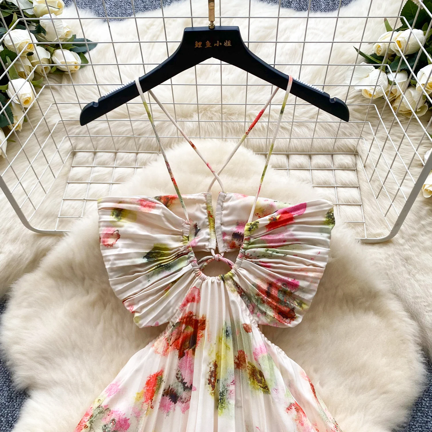 Vestido longo feminino plissado com estampa floral, verão, sem alças, halter, costas nuas, vazado, praia, férias, festa, maxi vestidos