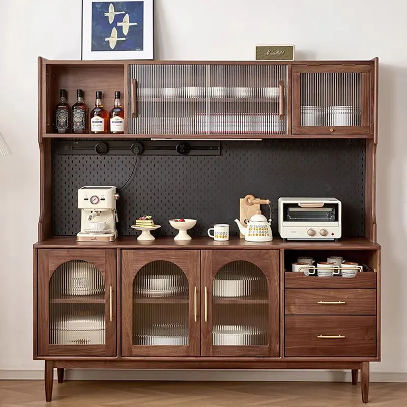 Black walnut side cabinet with power slide rail Japanese-style all-solid wood integrated wine cabinet against the wall